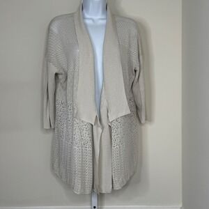 Eileen Fisher Cardigan Sweater Women's Large Open Knit Silk Blend Boho Sheer
